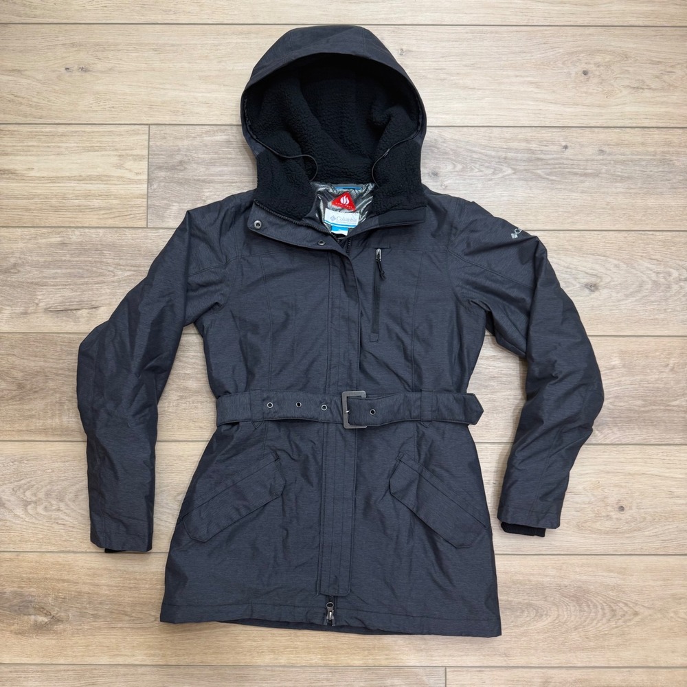 Columbia Omni-Heat‎ Hooded Parka Womens Small Dark Grey Belted Winter Jacket